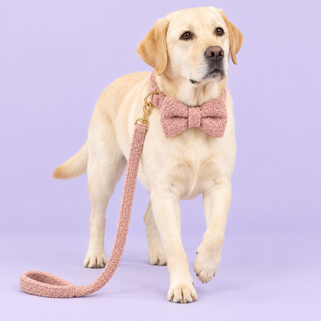 Cream Labrador in pink teddy-fleece collar and leash