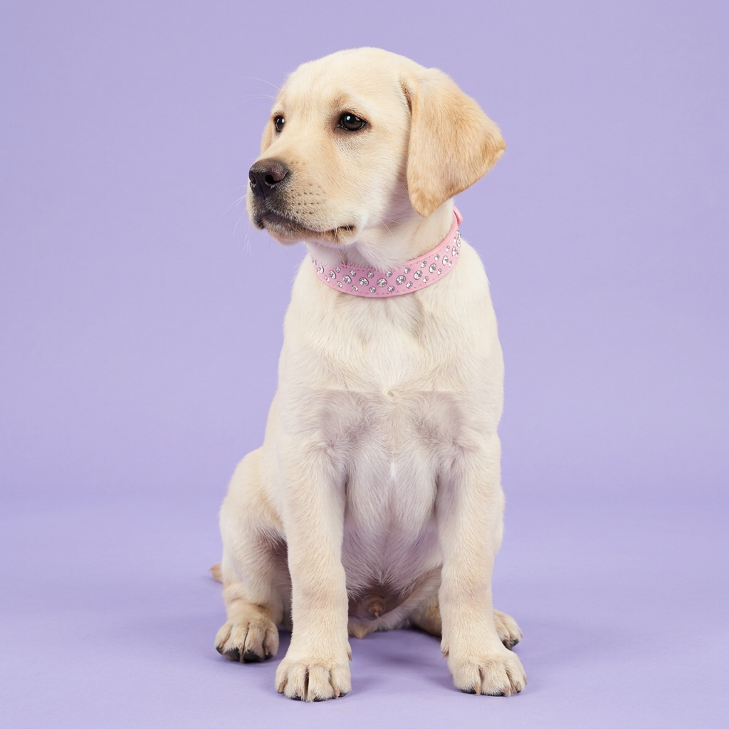 Cream Labrador puppy sitting and gazing aside, wearing the pink rhinestone leather collar