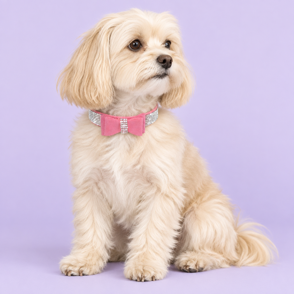 Cream long-haired dog in a relaxed three-quarter pose