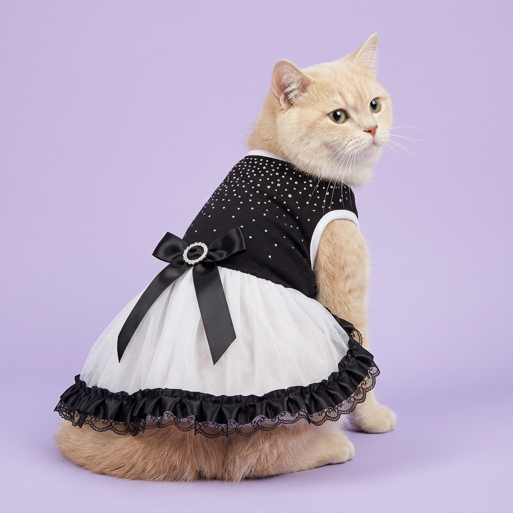 Cream longhaired cat looking back to show the jeweled bow
