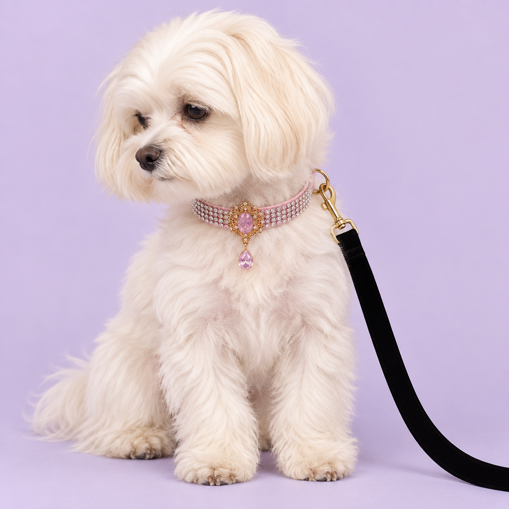 Cream Maltese with pink gemstone collar and black leash