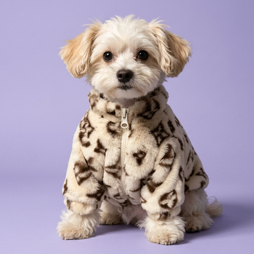 Cream Maltipoo wearing the faux-fur jacket on a clean lavender background