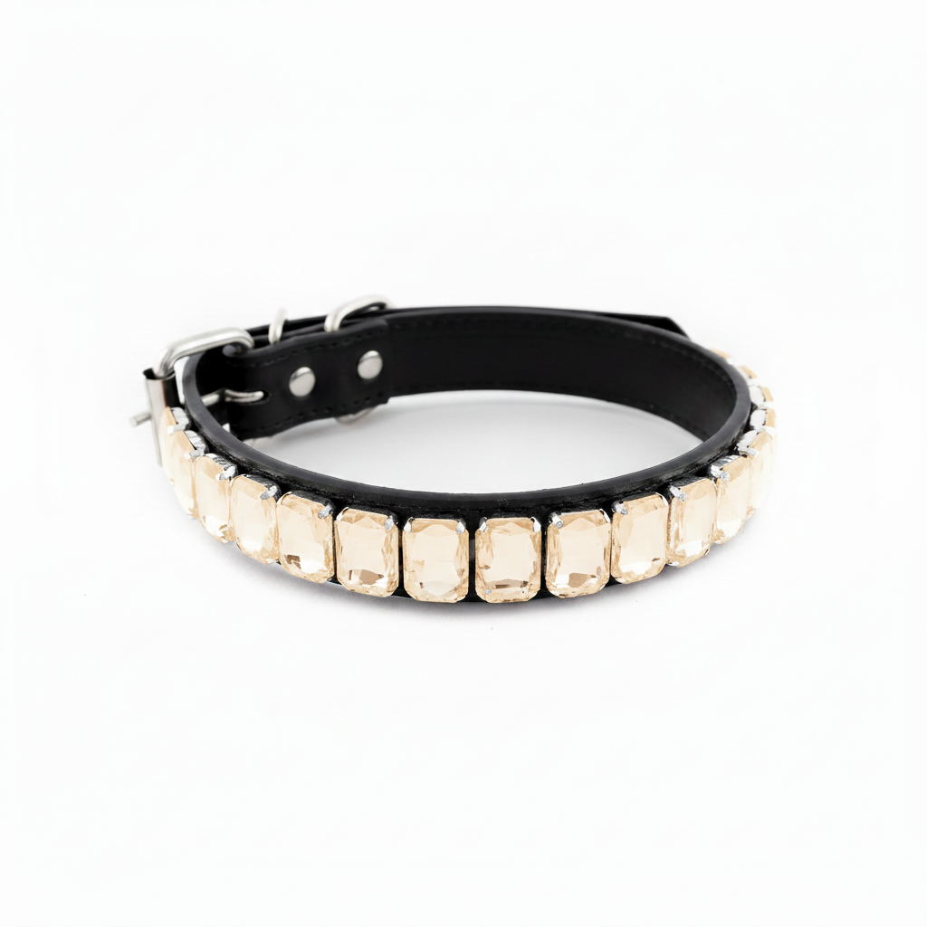 Black pet collar featuring a row of cream opal rectangular rhinestones on a white background.