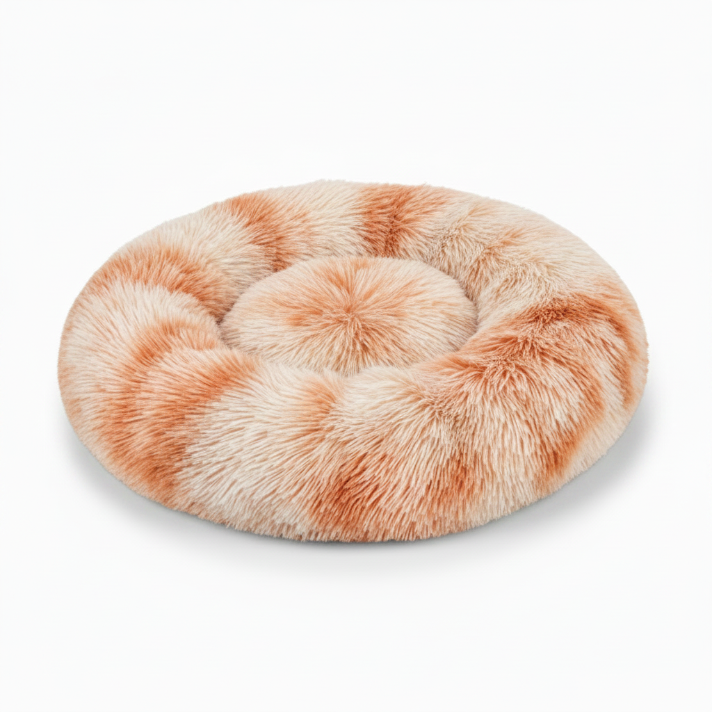 Round cream and caramel tie-dye shaggy faux fur donut calming pet bed three-quarter view on white background