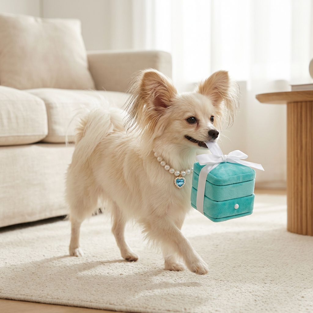 Cream Papillon carrying the turquoise plush box, wearing the pearl collar with light blue heart gemstone