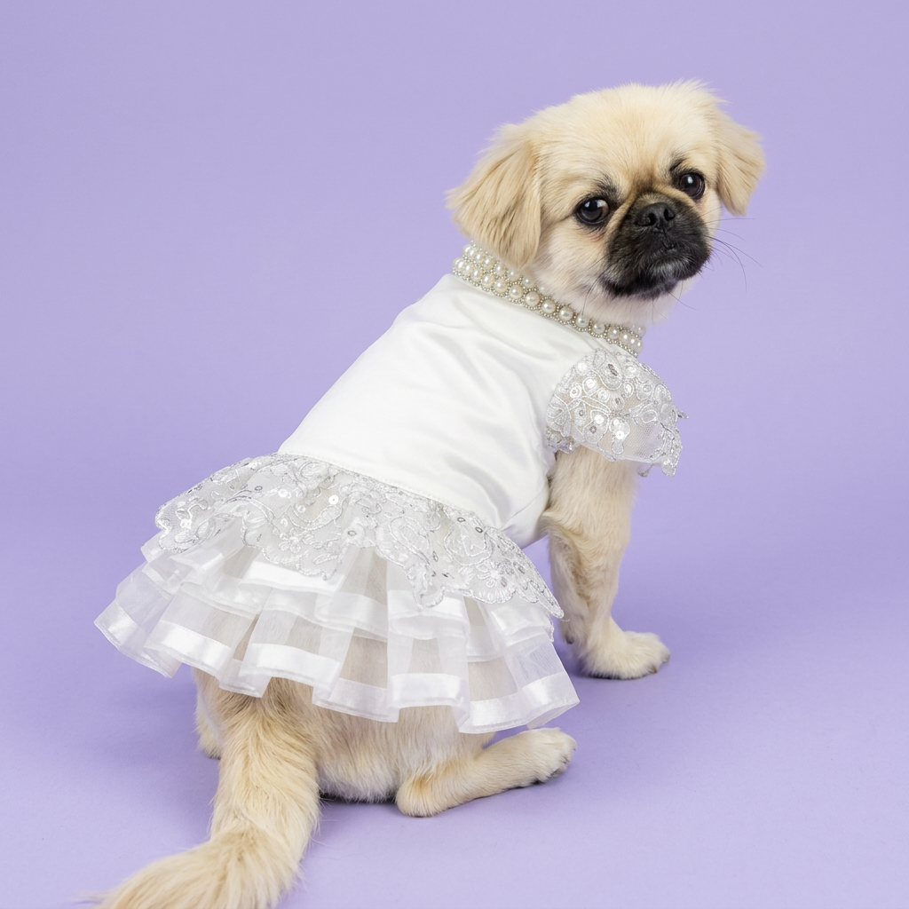 Cream Pekingese looking back to show the embroidered skirt