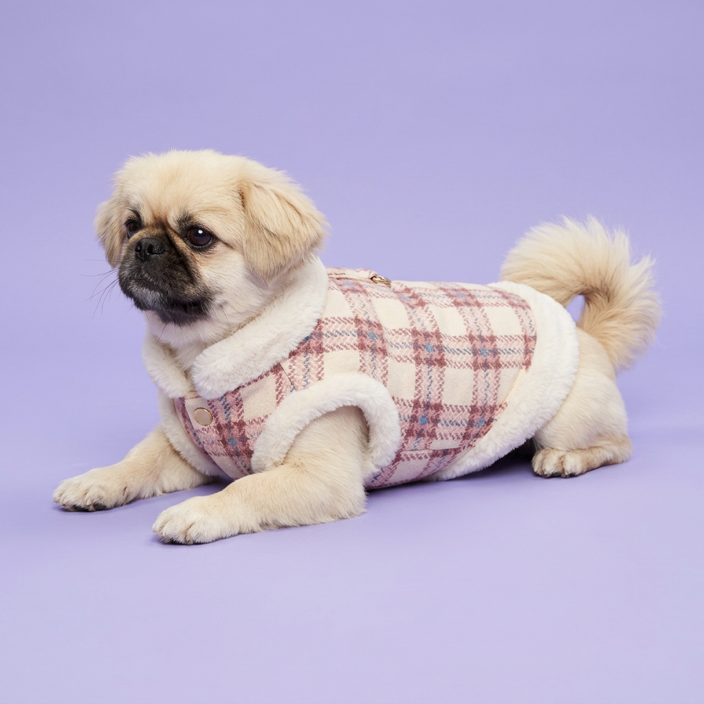 Cream Pekingese lounging in the pink plaid vest