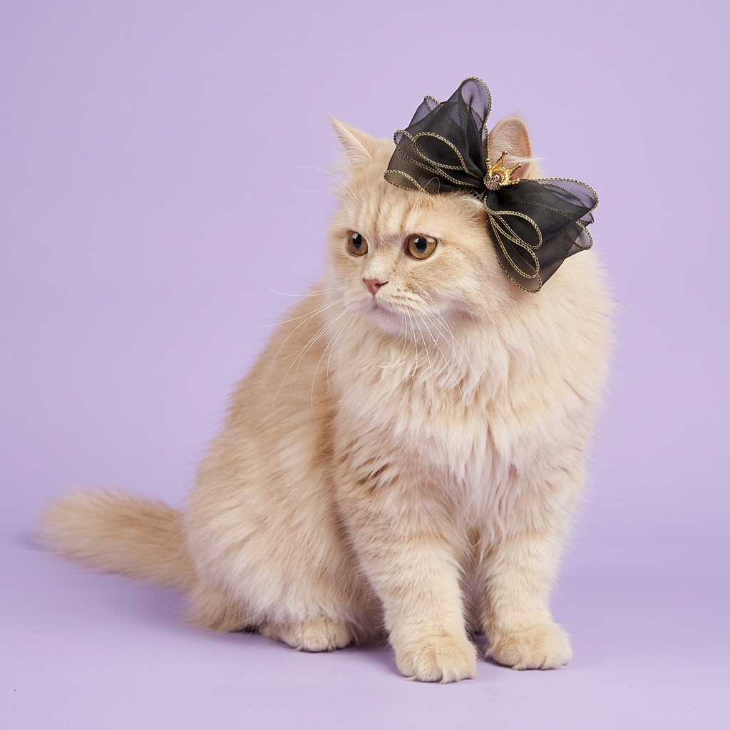 Cream Persian wearing the black-and-gold crown bow