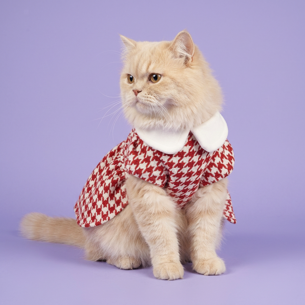 Cream Persian wearing the houndstooth dress