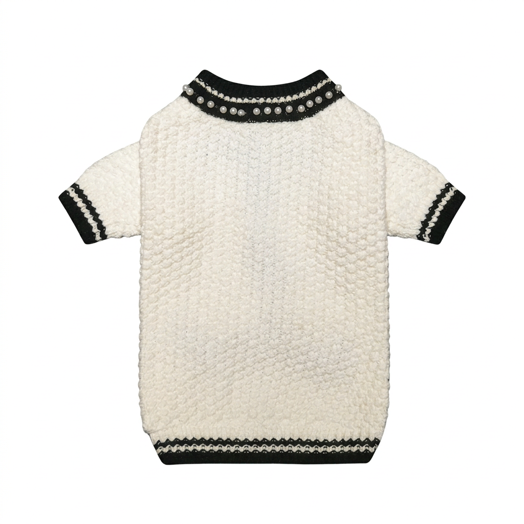 Cream pet sweater straightened and centered on a square white background