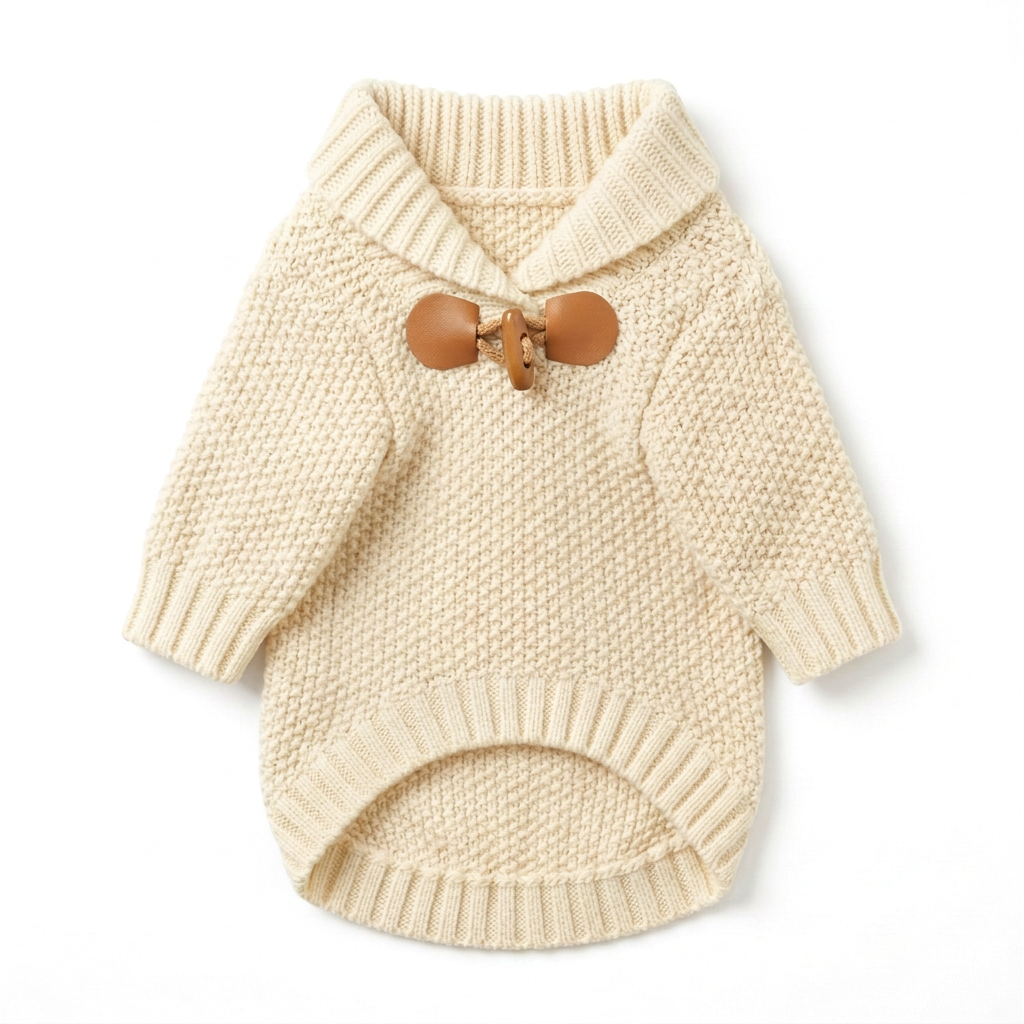 Cream pet sweater with corrected plain textured-knit front on white