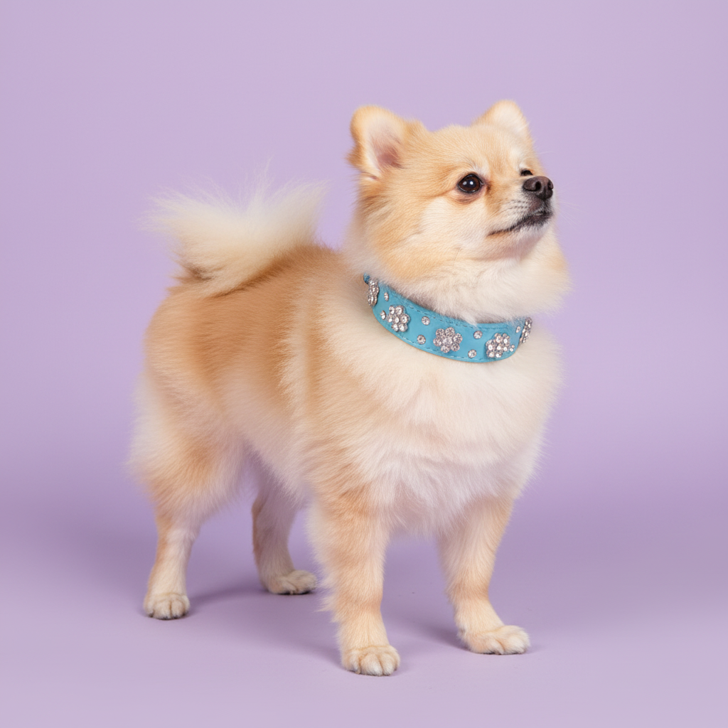 Cream Pomeranian wearing a blue rhinestone collar against a soft lavender studio background.