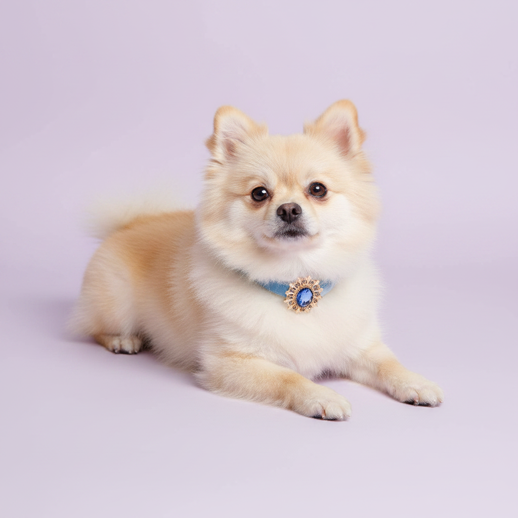 Cream Pomeranian lying down with paws stretched forward facing the camera wearing a light blue velvet dog collar with a sapphire blue oval crystal sunburst pendant