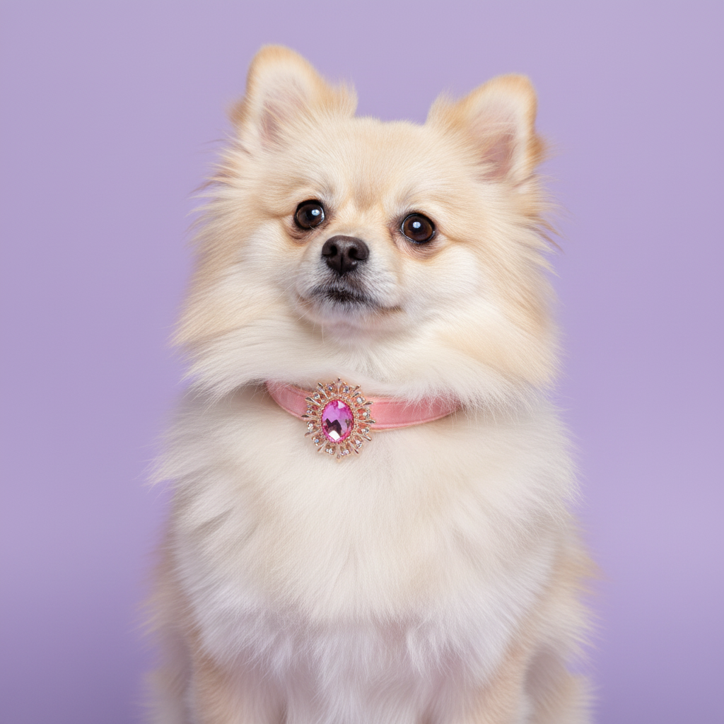 Cream Pomeranian facing the camera with a slight head tilt wearing a light pink velvet dog collar with a pink oval crystal sunburst pendant