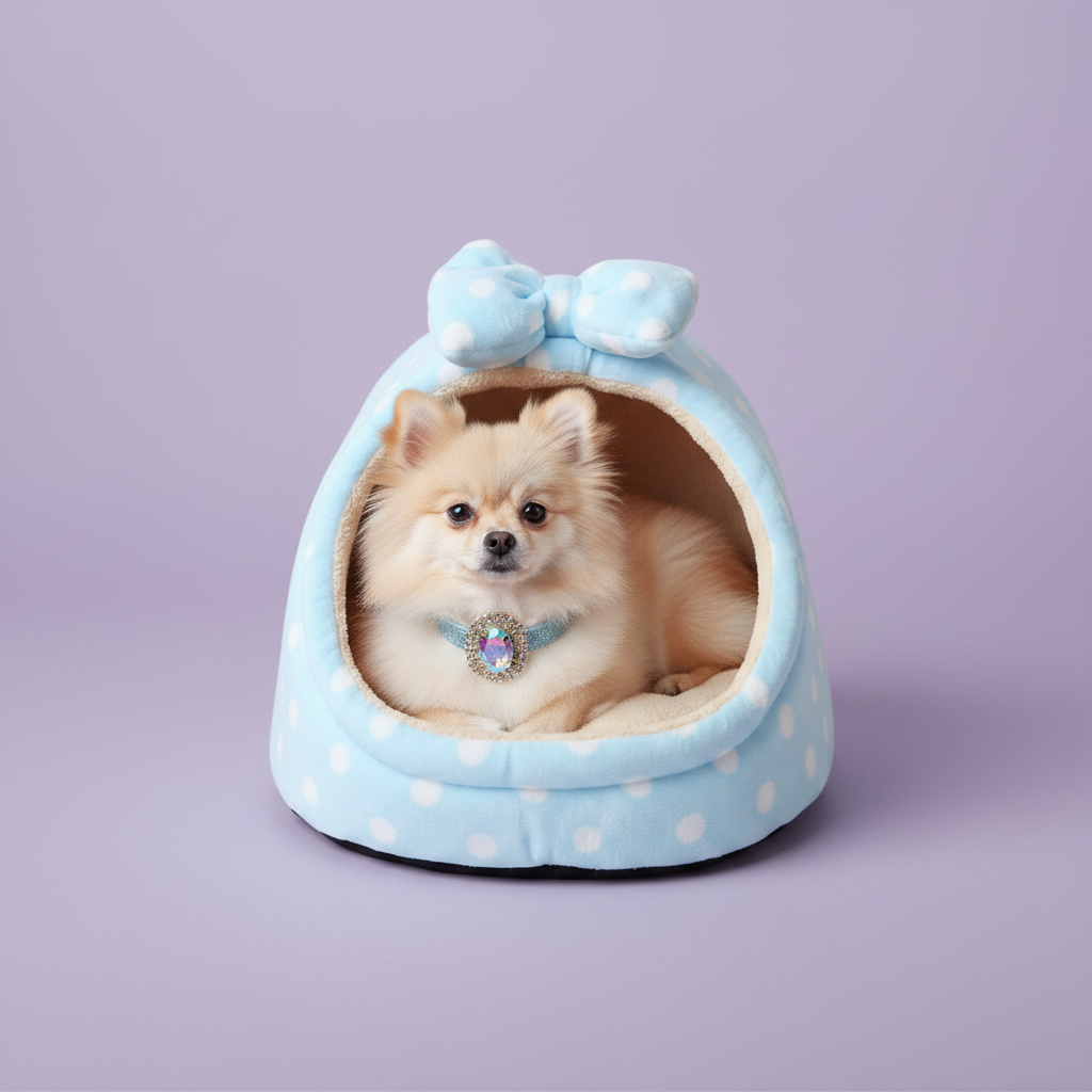 Cream Pomeranian with crystal gemstone collar resting inside a light blue white polka dot plush igloo cat cave bed with matching bow detail, lavender background
