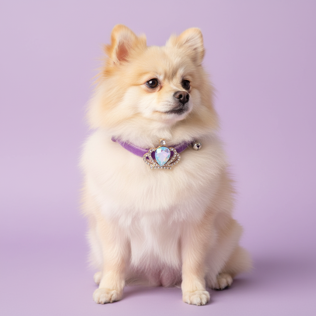 Pomeranian wearing purple velvet dog collar with gold crown and iridescent AB teardrop gem pendant — luxury small dog collar