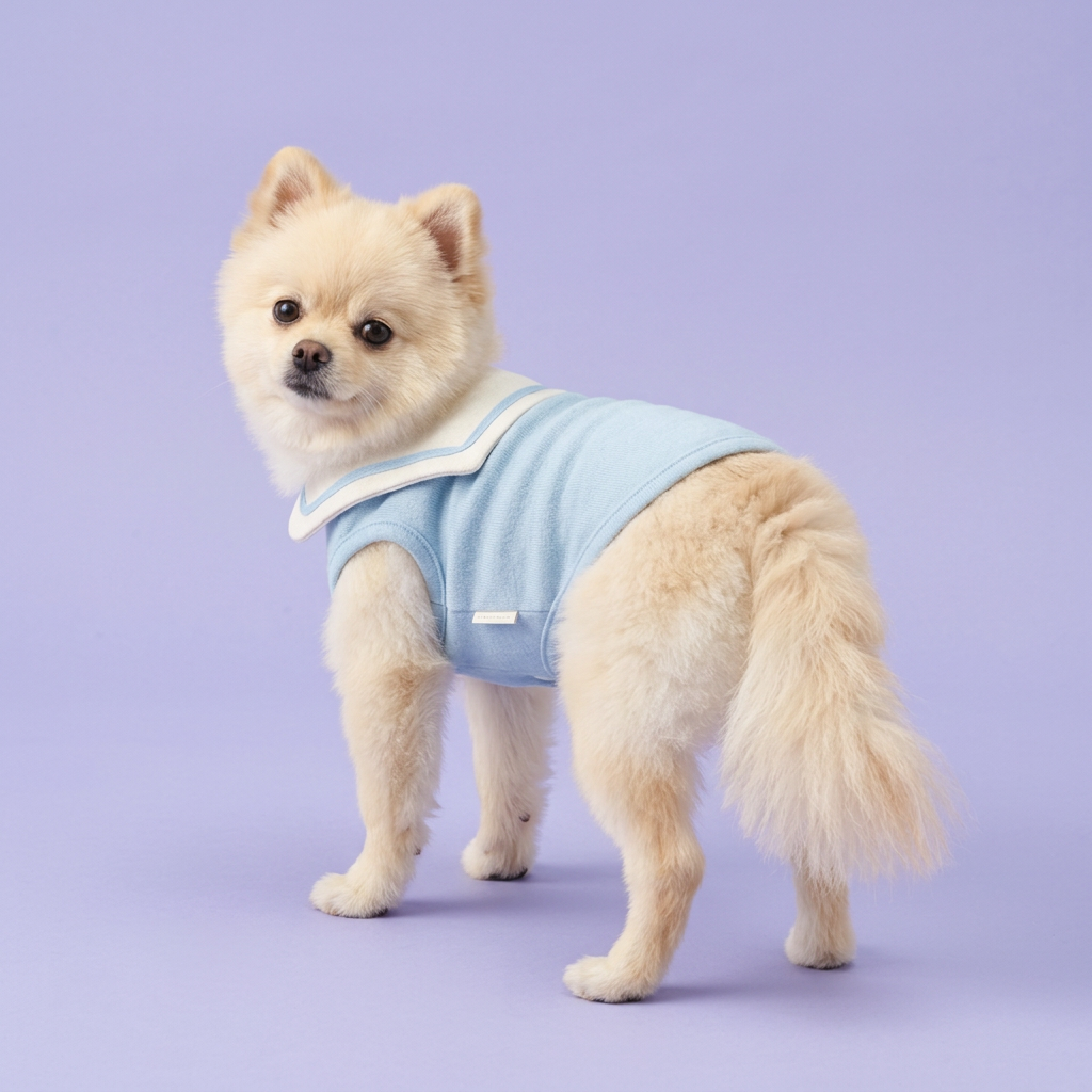 Cream Pomeranian looking back to show the sailor collar
