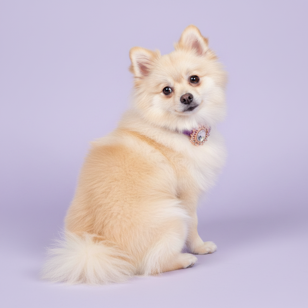 Cream Pomeranian sitting and glancing over its shoulder wearing a purple velvet dog collar with a clear crystal oval sunburst pendant