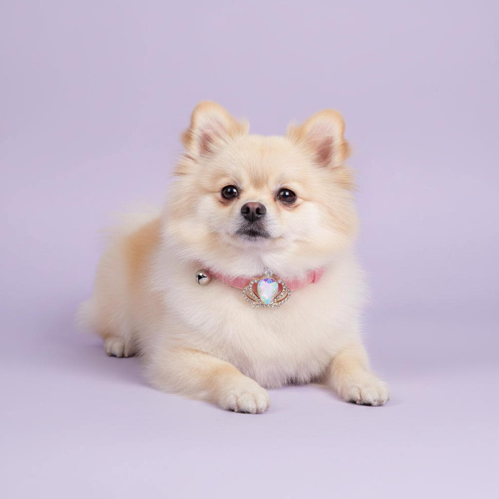 Cream Pomeranian lying down facing the camera wearing a light pink velvet dog collar with a silver crown and iridescent aurora crystal pendant