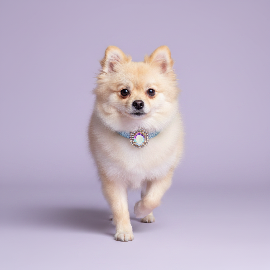 Cream Pomeranian trotting toward the camera wearing a light blue glitter dog collar with an iridescent aurora borealis oval crystal sunburst pendant