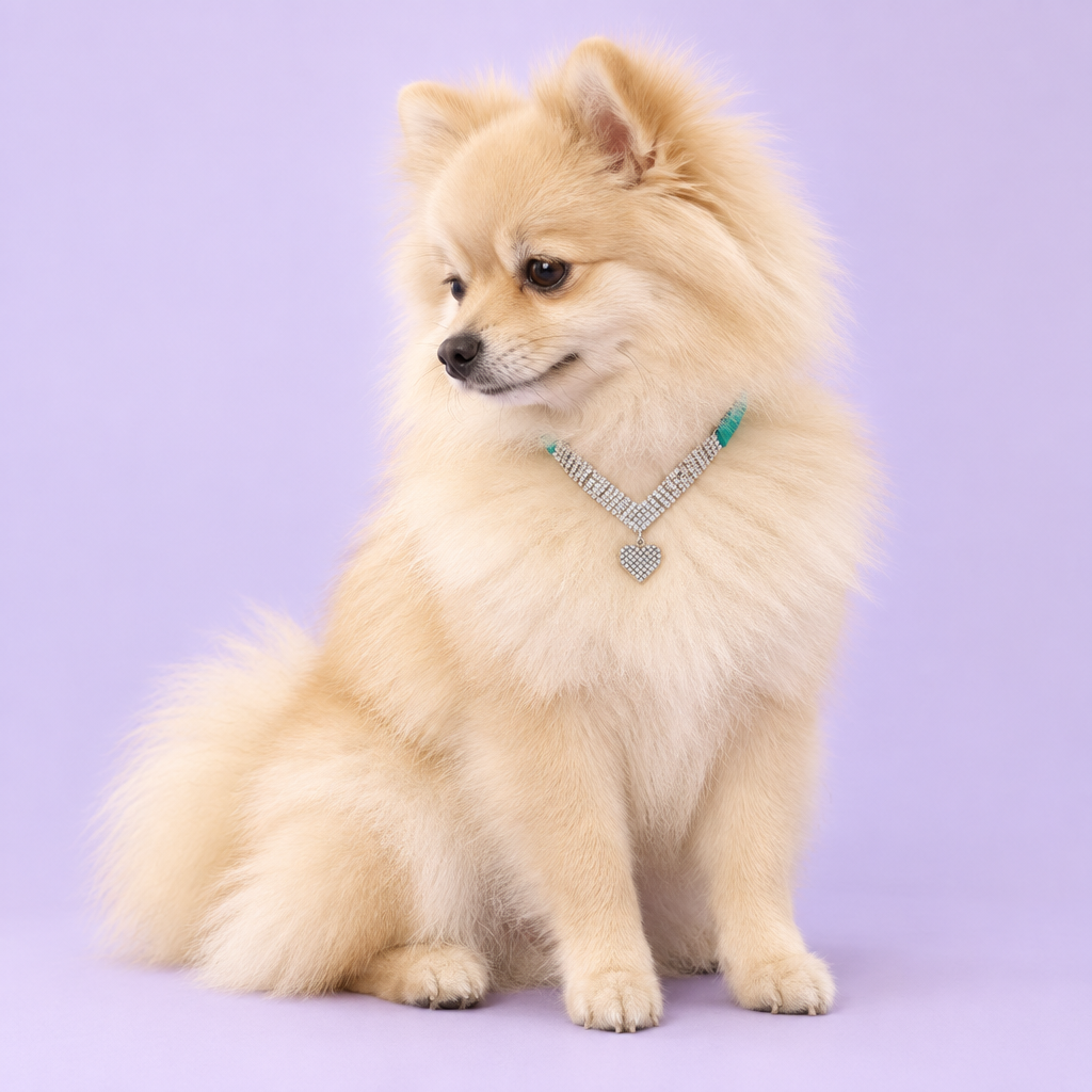 Cream Pomeranian seated with a lowered side gaze