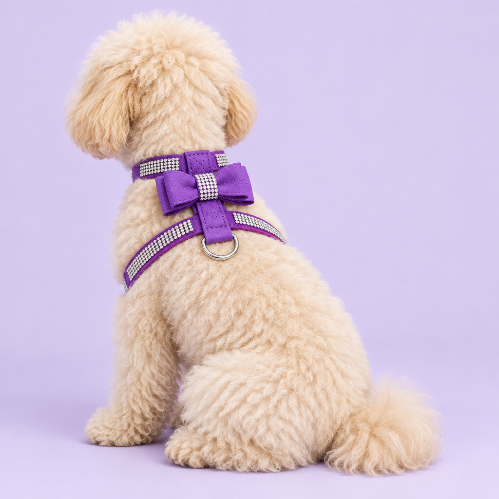 Cream poodle mix in the correctly structured purple harness