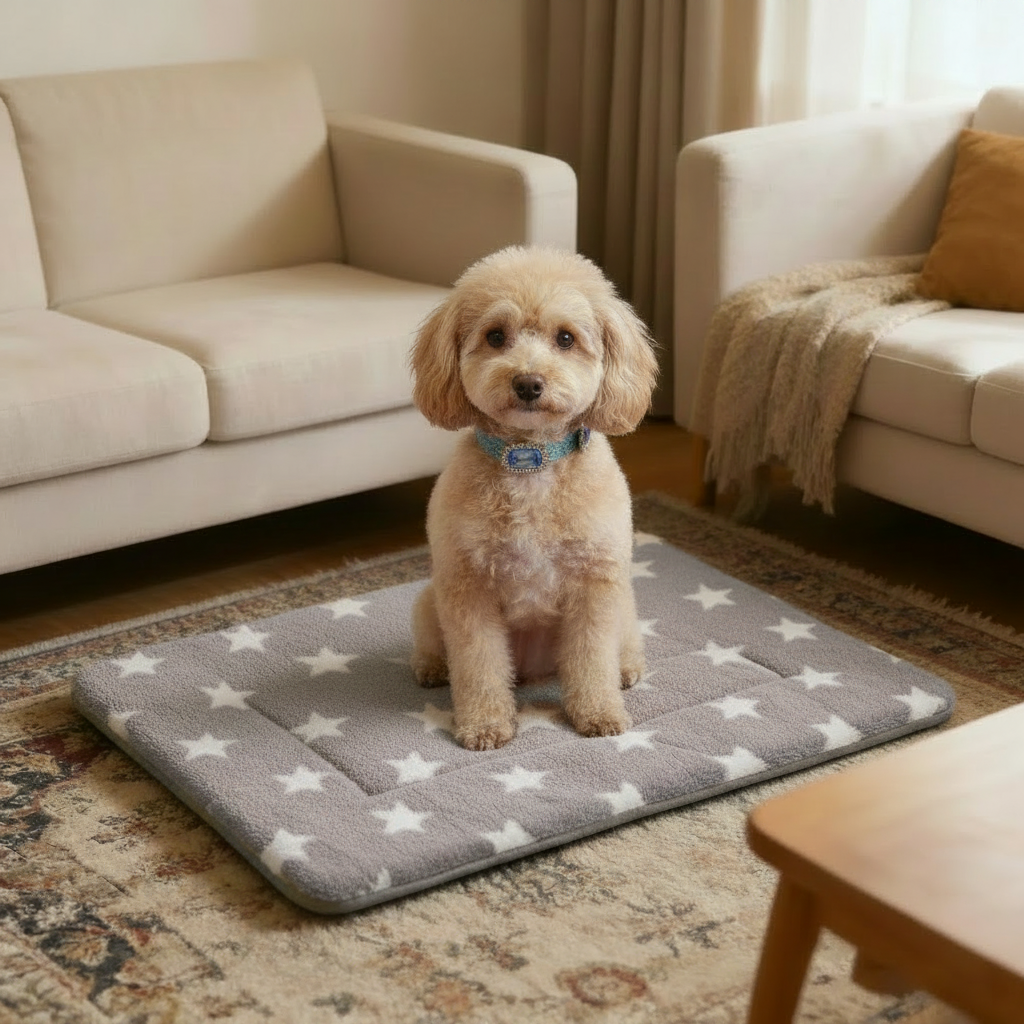 Cream Toy Poodle wearing a blue crystal rhinestone collar sitting on a grey plush star print pet mat in a cozy modern living room