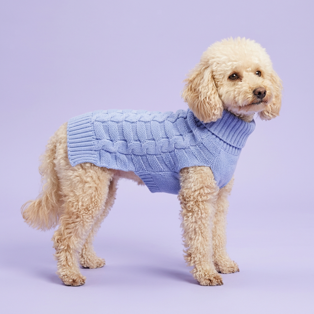 Cream poodle wearing the blue cable-knit sweater on lavender