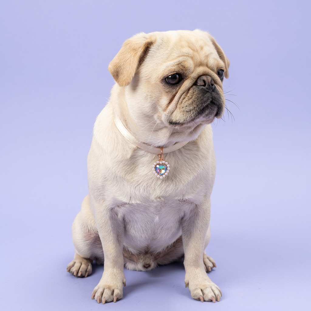 Cream Pug sitting with head tilted gazing aside, wearing the ivory satin iridescent heart-charm collar