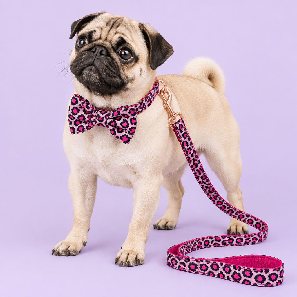 Cream Pug with pink leopard bow collar and leash