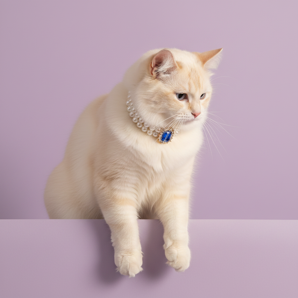 Cream Ragdoll cat perched on a ledge with its front paws hanging, wearing a double pearl collar with a blue gemstone pendant against a lavender background⠋