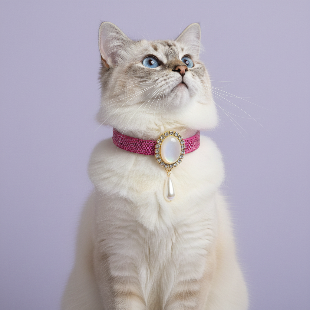 Cream Ragdoll cat with blue eyes sitting tall and gazing upward wearing a hot pink glitter breakaway cat collar with a gold oval pearl and rhinestone pendant