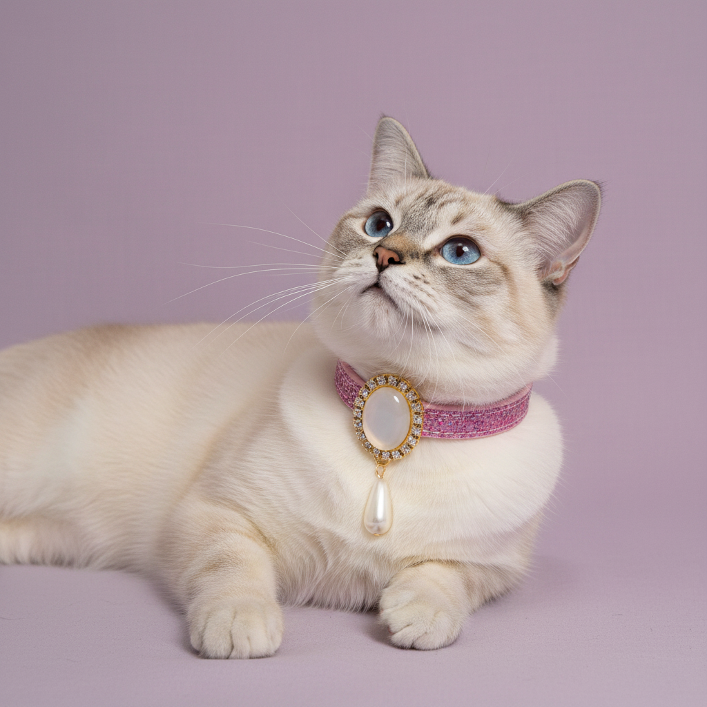 Cream Ragdoll cat with blue eyes lounging with paws extended and gazing upward wearing a pink glitter breakaway cat collar with a gold oval pearl and rhinestone pendant
