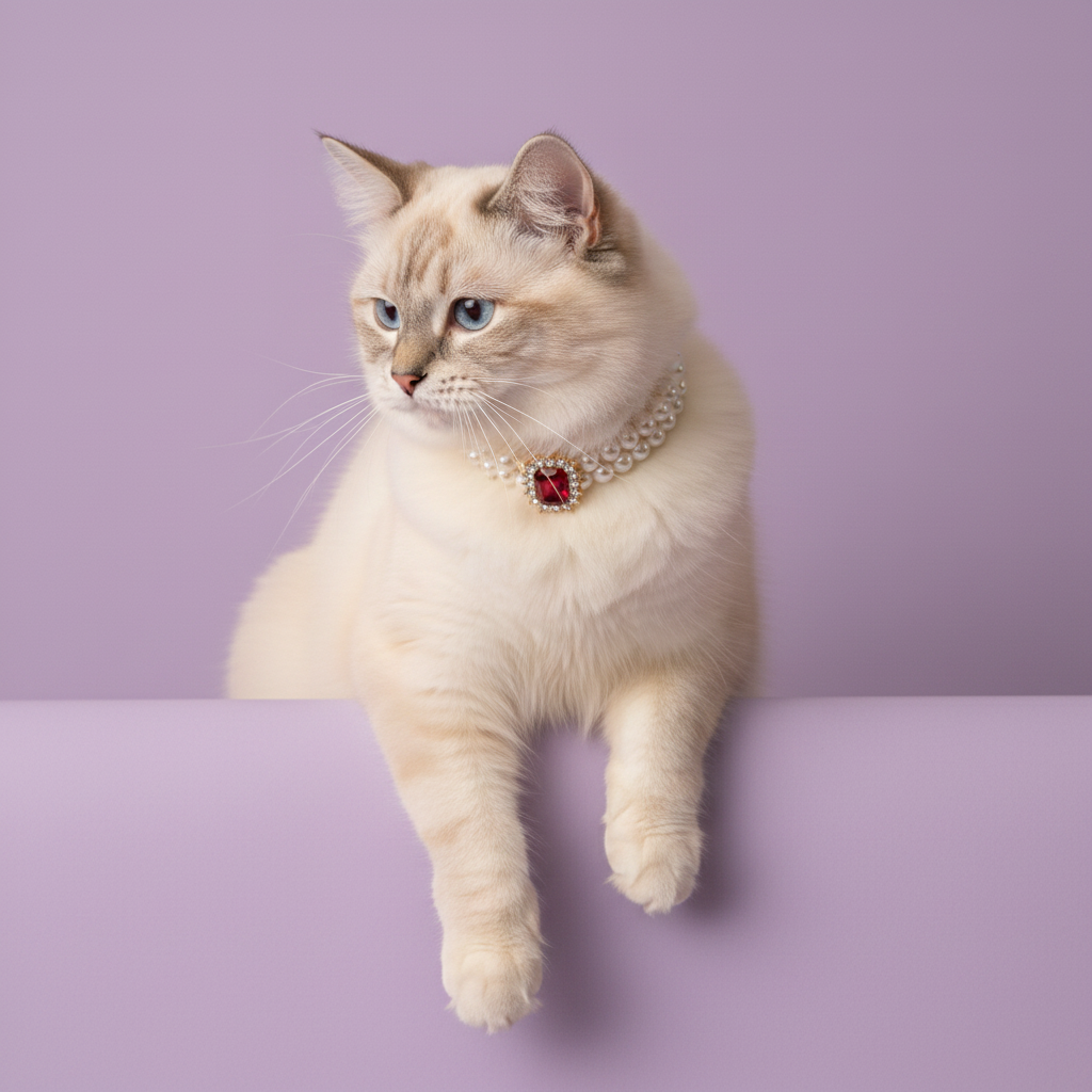 Cream Ragdoll cat perched on a ledge with its front paws hanging, wearing a double pearl collar with a red gemstone pendant against a lavender background
