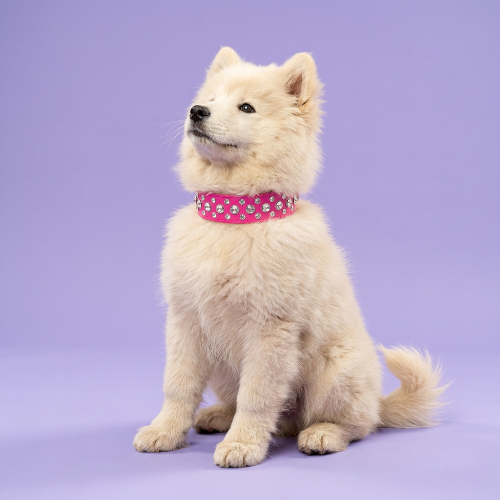 Cream Samoyed puppy sitting and gazing upward, wearing the hot pink rhinestone collar