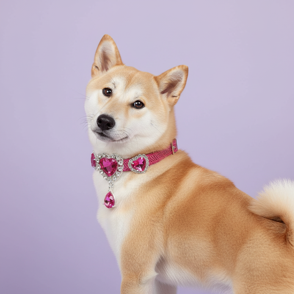 Cream Shiba Inu in the magenta heart dangle collar
