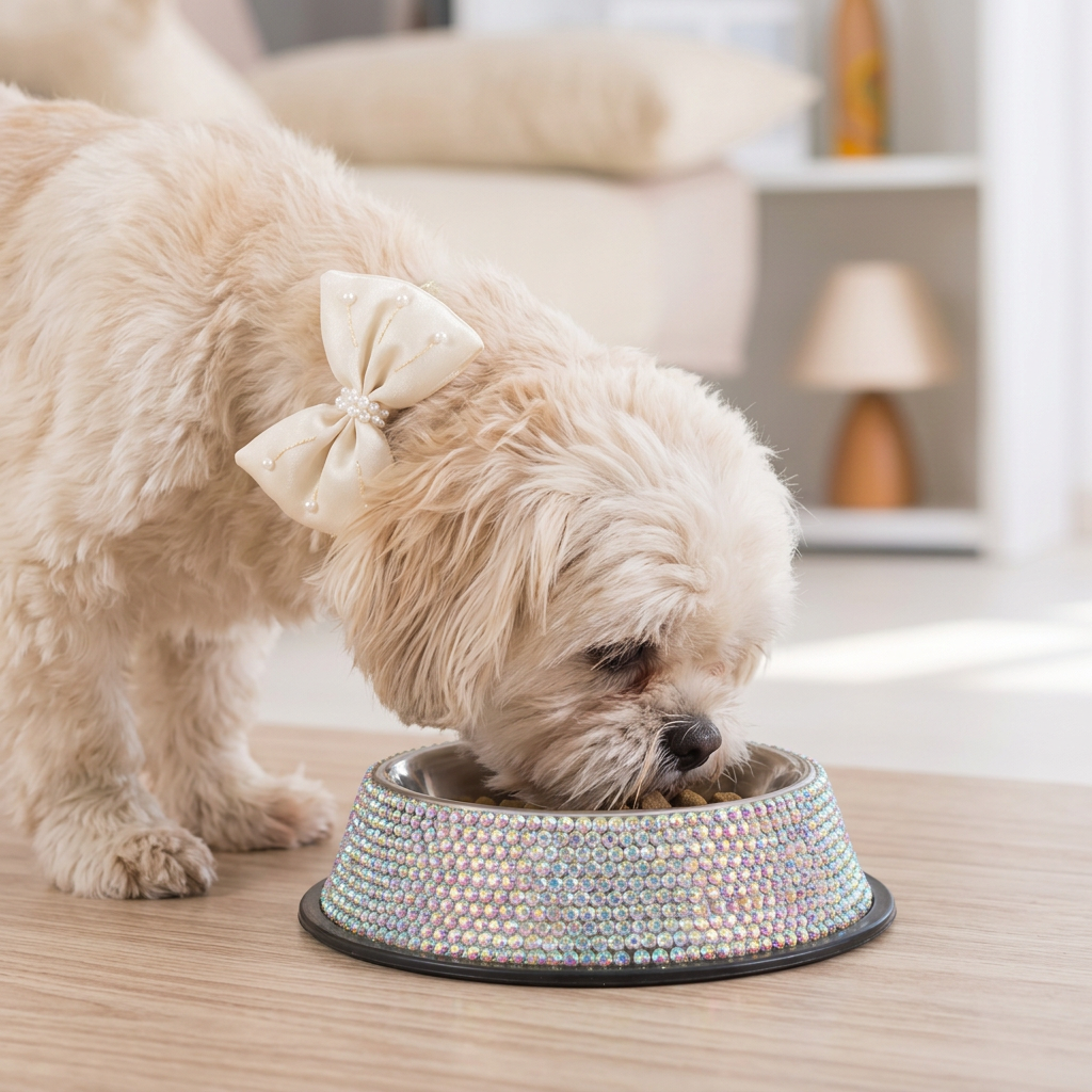 Cream Shih Tzu eating from the iridescent rhinestone bowl, wearing the ivory bow collar