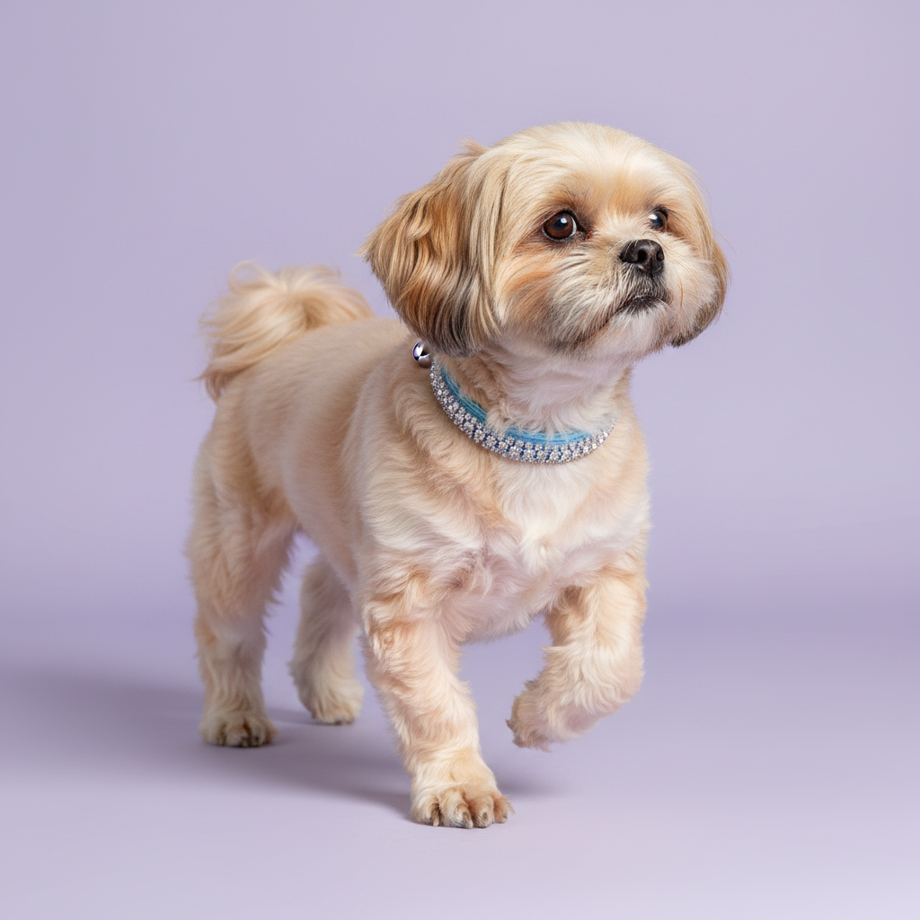 Cream Shih Tzu in the light-blue velvet diamante collar