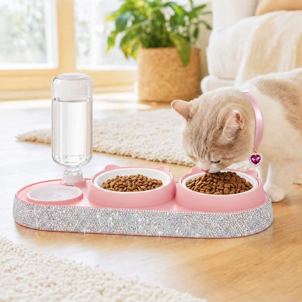 Cream tabby cat eating from the pink rhinestone double feeder with water dispenser, wearing the pink heart-charm collar