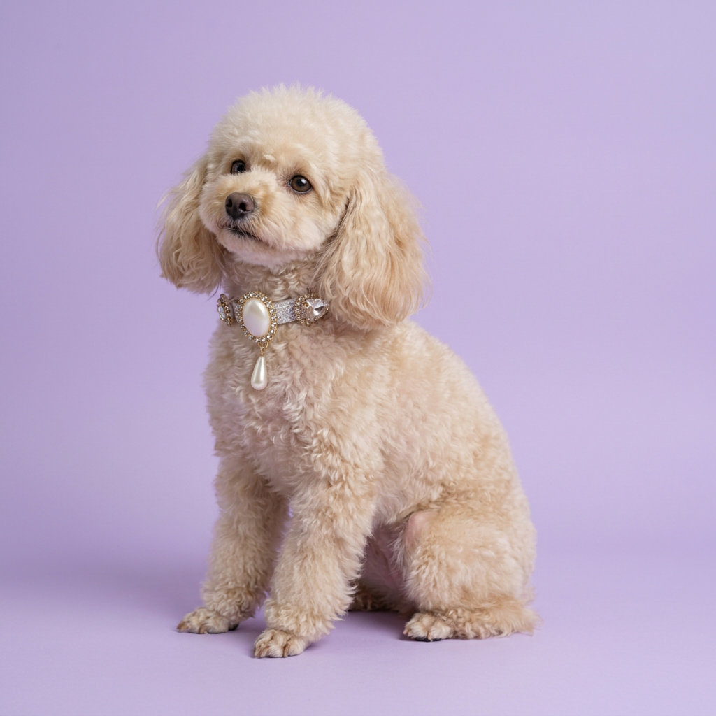 Cream toy poodle in a relaxed side-on seated pose