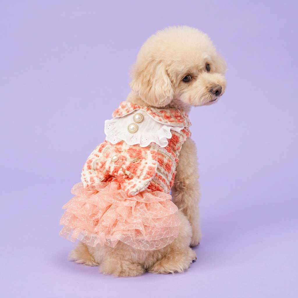Cream toy poodle in the coral tweed dress
