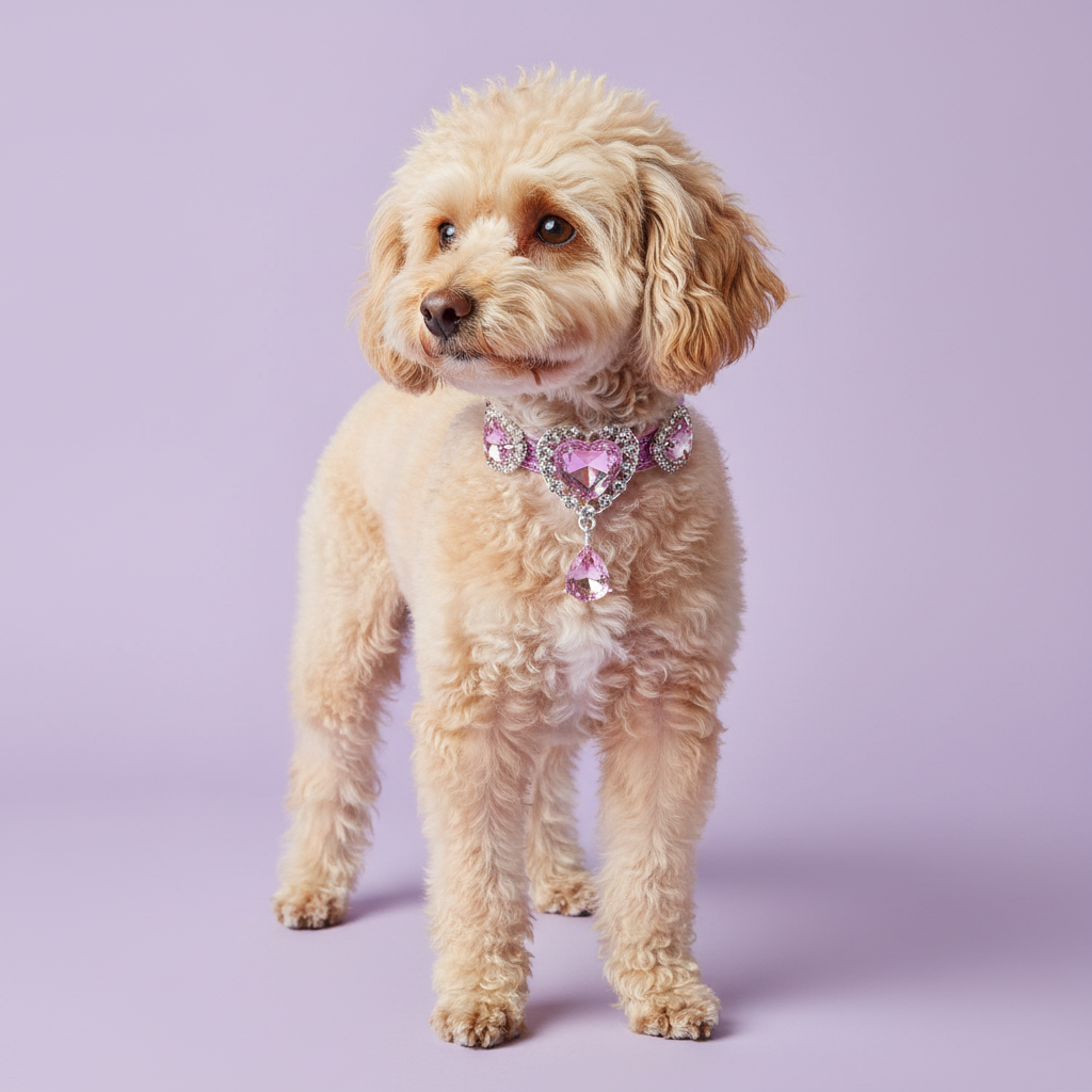 Cream Toy Poodle in the light pink heart pendant collar