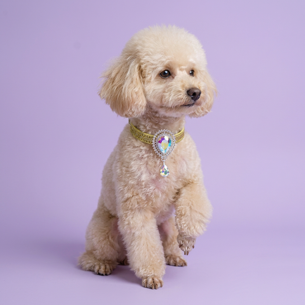 Cream toy poodle seated with a smaller Royal Teardrop pendant