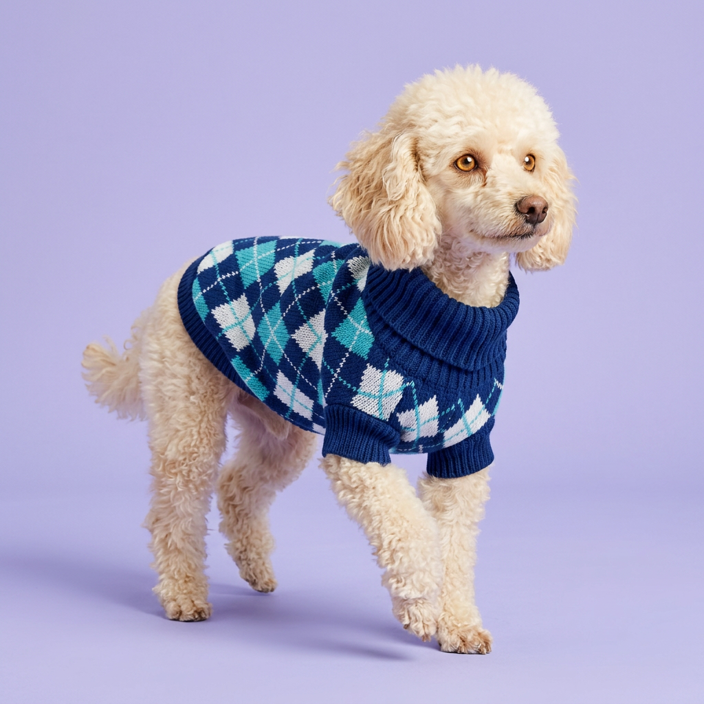 Cream toy poodle wearing the navy argyle sweater on lavender