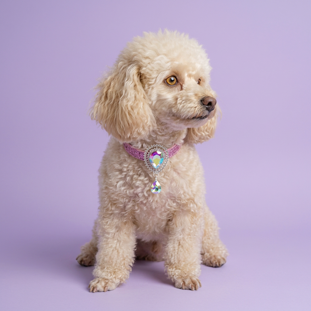 Cream toy poodle wearing the pink Royal Teardrop collar