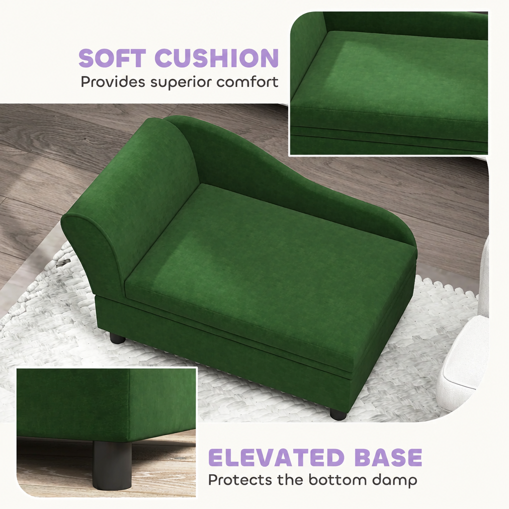 Cushion and elevated base graphic with lavender headlines