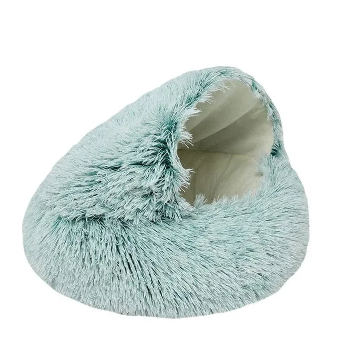 Mint green hooded cave plush pet bed for cats and small dogs – Cozy Cave Plush Pet Bed by Pretty Posh Pets