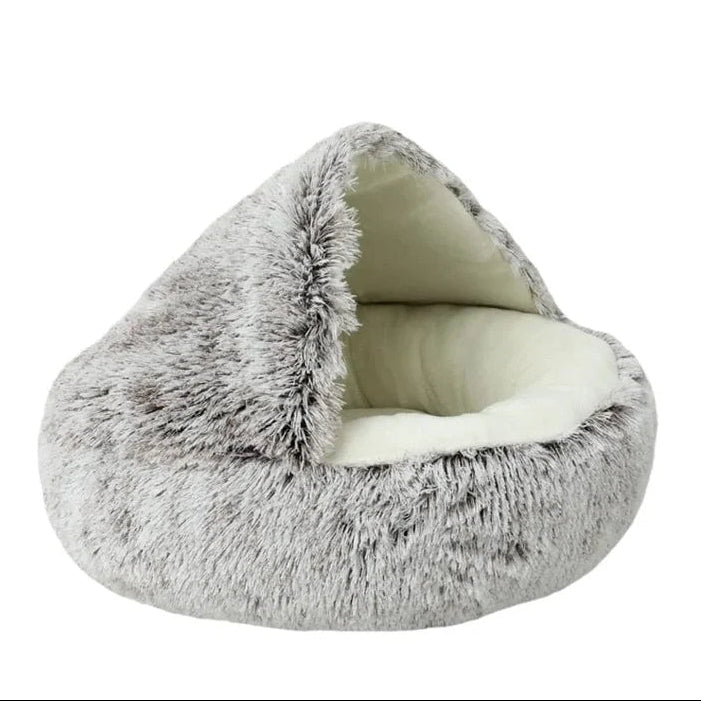 Grey and white hooded cave plush pet bed for cats and small dogs – Cozy Cave Plush Pet Bed by Pretty Posh Pets