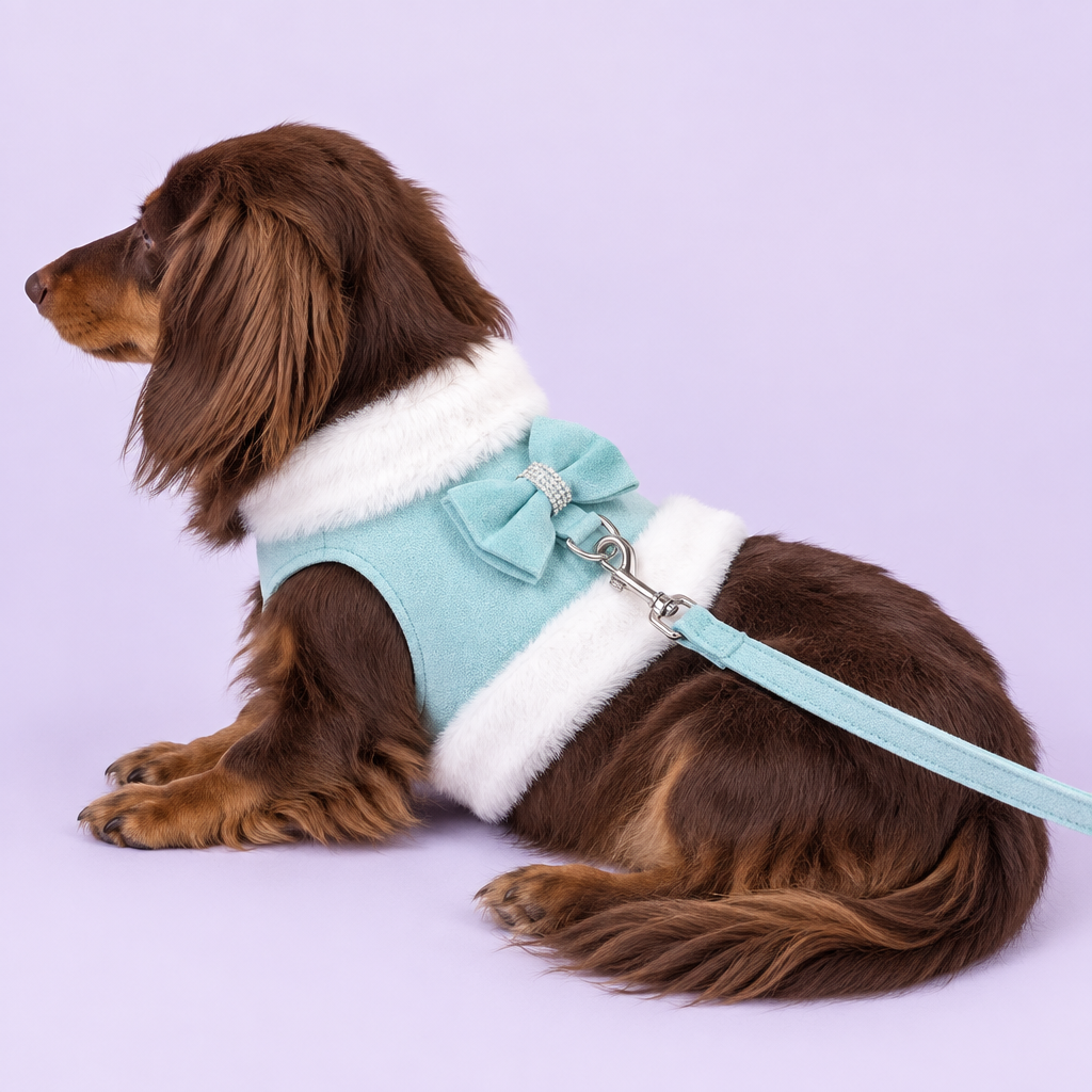 Dachshund in aqua harness