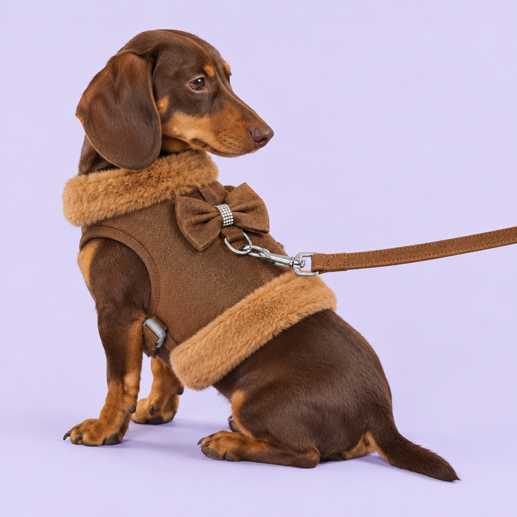 Dachshund in brown harness